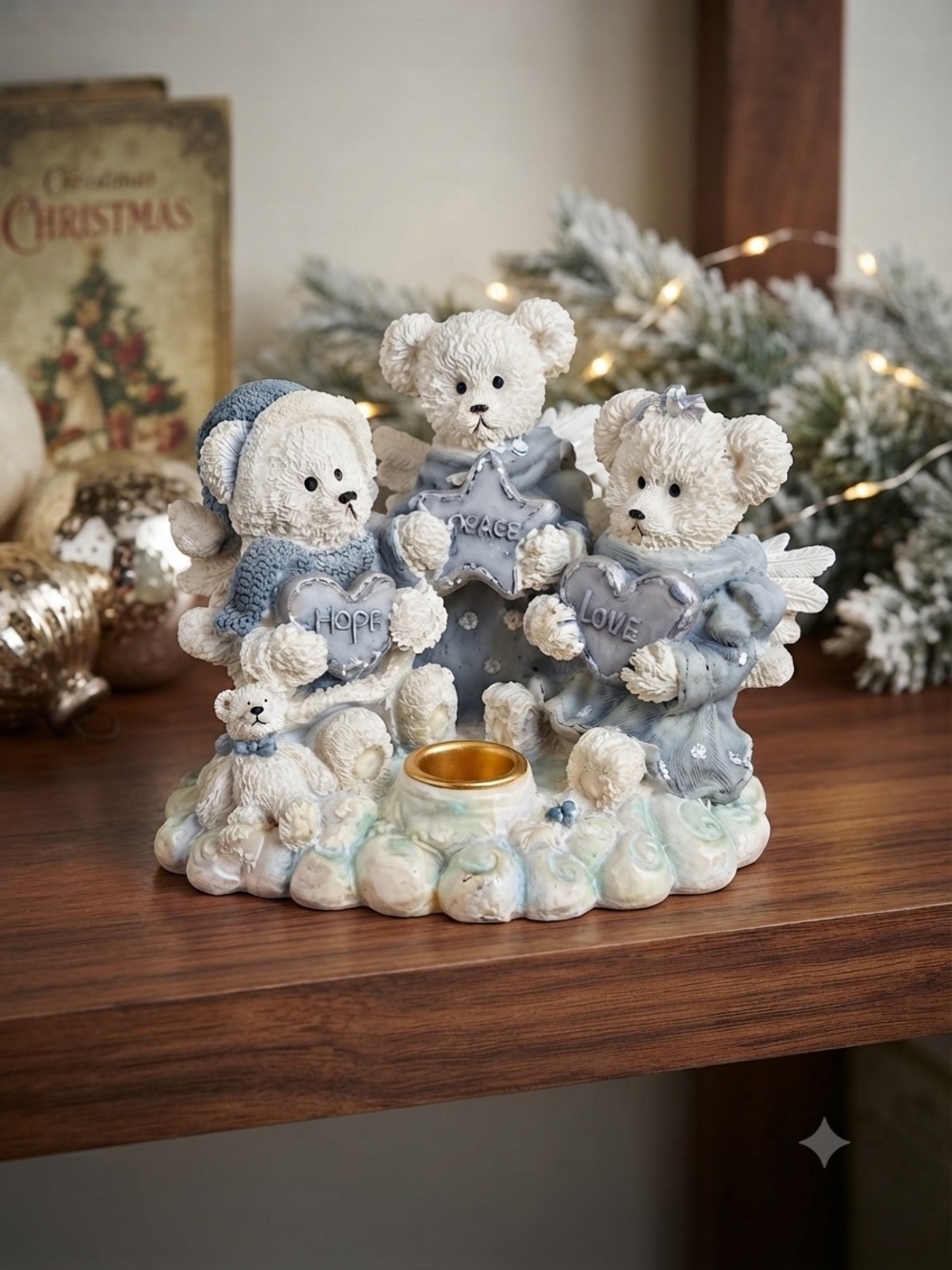 Vintage Angel Bear Figurine Candle Holder – "Hope, Peace, Love" Holiday Decor